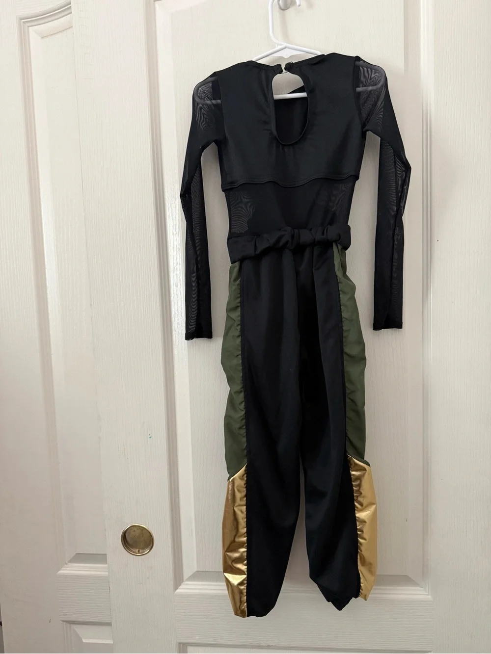 Weissman Black Jumpsuit with Olive Panels and Gold Accents